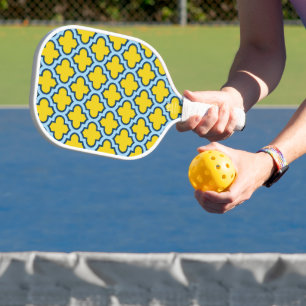 Yellow and Baby Blue Trellis, Lattice, Quatrefoil Pickleball Paddle