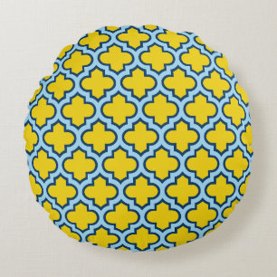 Yellow and Baby Blue Trellis, Lattice, Quatrefoil Round Pillow