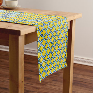 Yellow and Baby Blue Trellis, Lattice, Quatrefoil Short Table Runner
