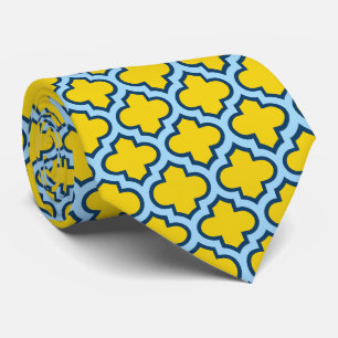 Yellow and Baby Blue Trellis, Lattice, Quatrefoil Tie