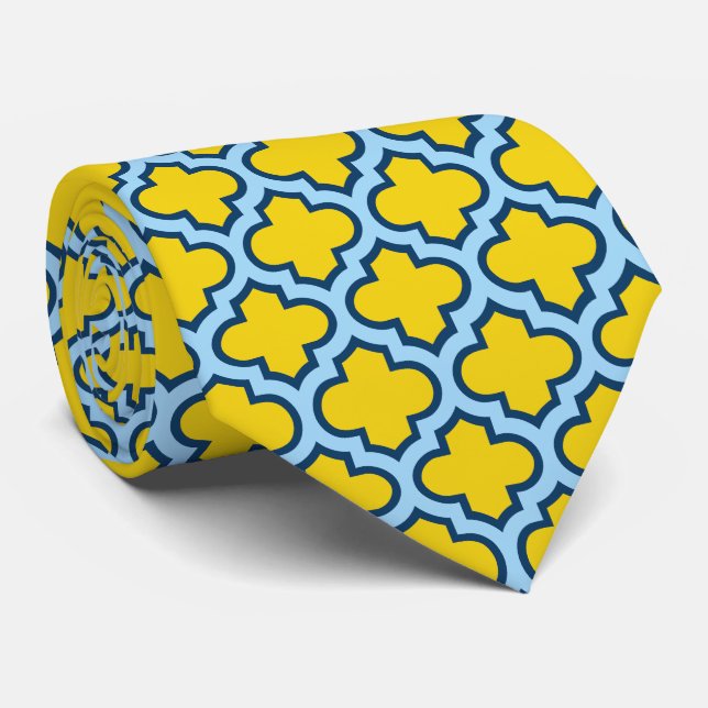 Yellow and Baby Blue Trellis, Lattice, Quatrefoil Tie (Rolled)