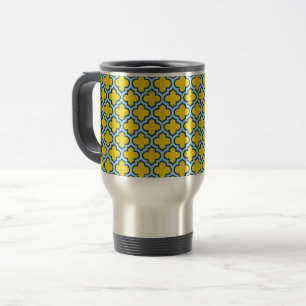 Yellow and Baby Blue Trellis, Lattice, Quatrefoil Travel Mug