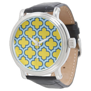 Yellow and Baby Blue Trellis, Lattice, Quatrefoil Watch