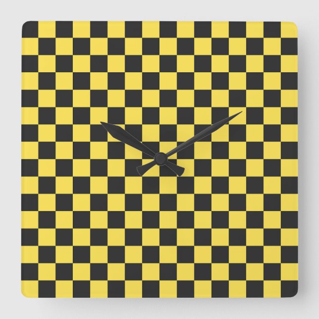 Yellow and black checkerboard pattern square wall clock (Front)