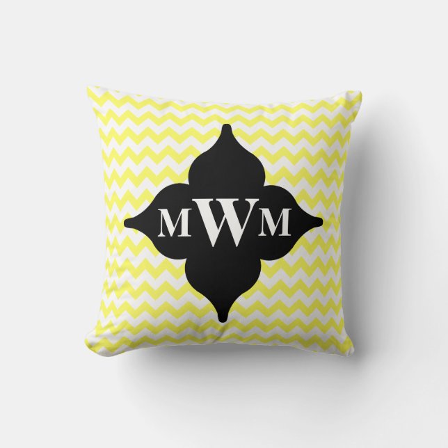 Yellow and black chevron monogram throw pillow (Front)