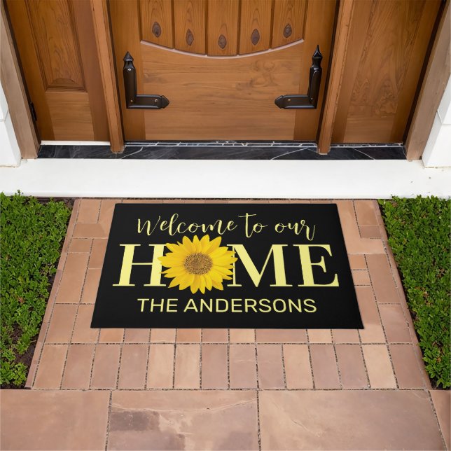Yellow and Black Custom Name Sunflower Welcome Doormat (Outdoor)