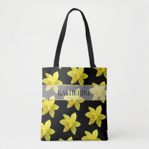 Yellow and Black Daffodil Pattern Personalized Tote Bag