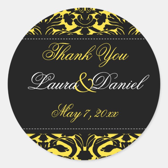 Yellow and Black Damask 1.5" Thank You Sticker (Front)
