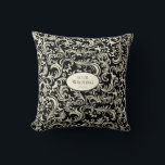 Yellow and Black Damask Personalized Throw Pillow<br><div class="desc">This yellow and black damask throw pillow combines bold contrast with timeless elegance. The rich black background beautifully enhances the soft yellow floral swirl pattern, creating a refined and eye-catching design. At the center, a customizable text area allows you to add names, dates, or personal messages, making it perfect for...</div>