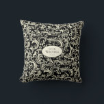 Yellow and Black Damask Personalized Throw Pillow<br><div class="desc">This yellow and black damask throw pillow combines bold contrast with timeless elegance. The rich black background beautifully enhances the soft yellow floral swirl pattern, creating a refined and eye-catching design. At the center, a customizable text area allows you to add names, dates, or personal messages, making it perfect for...</div>