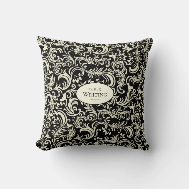 Yellow and Black Damask Personalized Throw Pillow (Front)