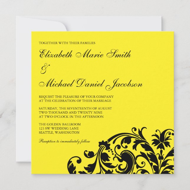 Yellow and Black Flourish Swirl Wedding Invitation (Front)