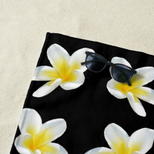Yellow And Black Frangipani Pattern, Beach Towel