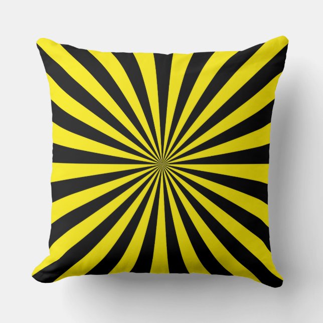 Yellow and Black Funky Sun Rays Retro Stripes Throw Pillow (Front)