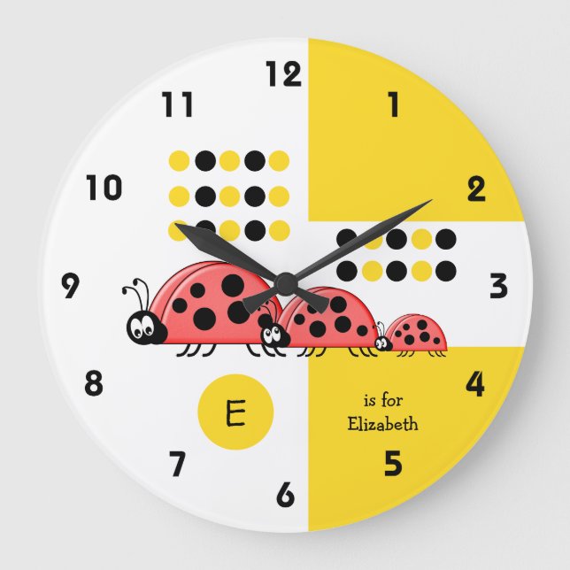 Yellow and black kids ladybirds with name large clock (Front)
