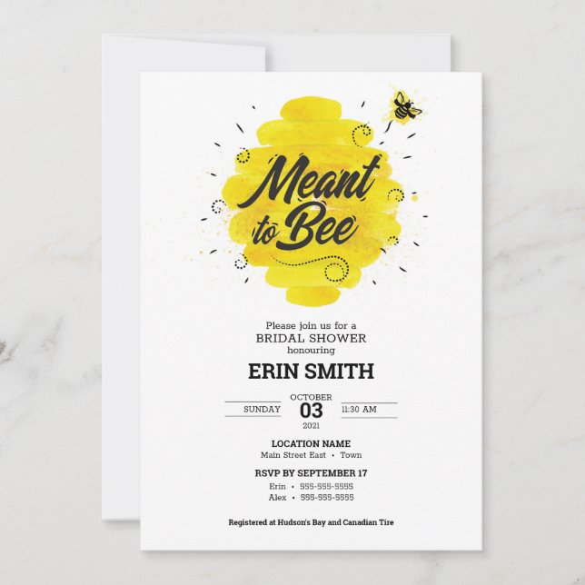 Yellow and Black Meant to Bee Bridal Shower Invitation (Front)