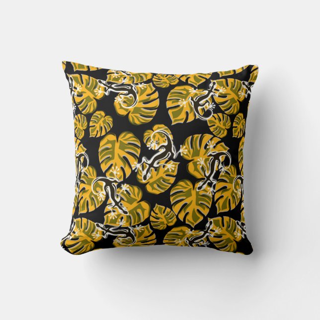 Yellow And Black Pattern - Geckos And Leaves Throw Pillow (Front)