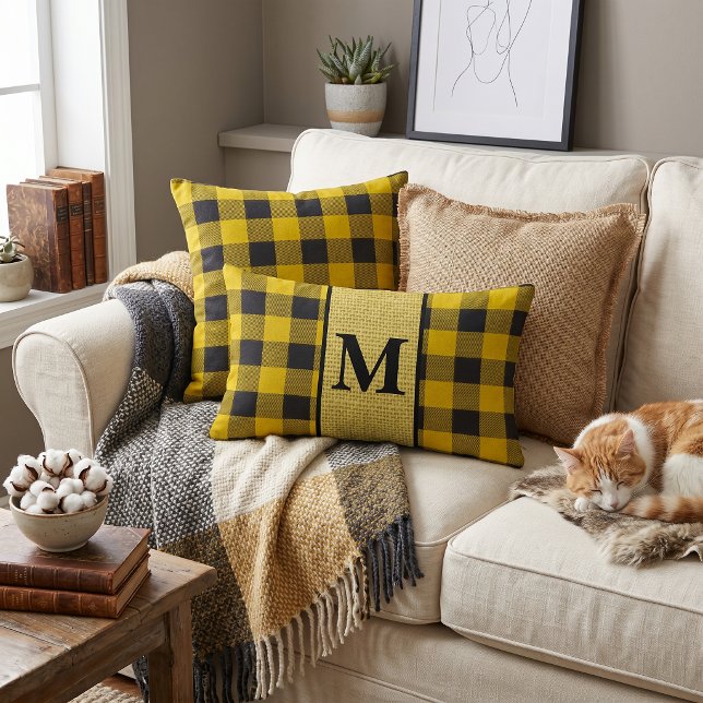 Yellow and black plaid monogram lumbar pillow (Creator Uploaded)