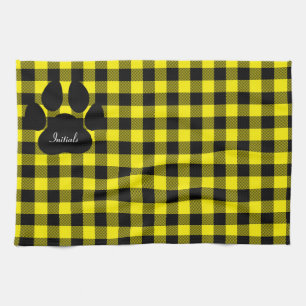 Yellow And Black Plaid Paw Print Kitchen Towel