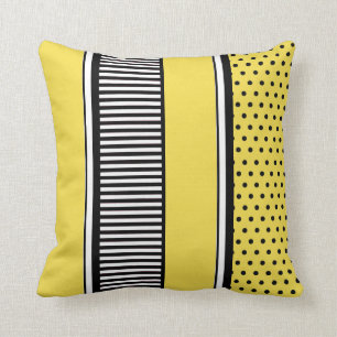 Yellow and Black Polka Dot Lines Abstract Throw Pillow