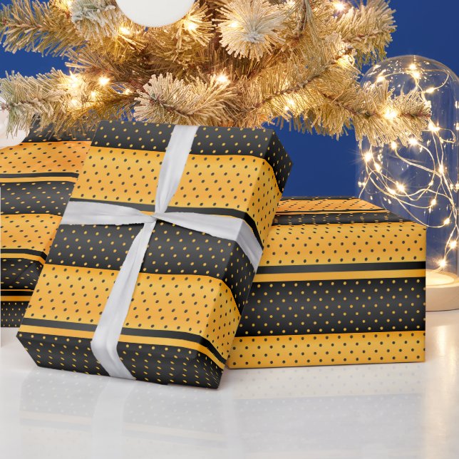 Yellow and Black Polka Dot Stripe Design Wrapping Paper (Holidays)