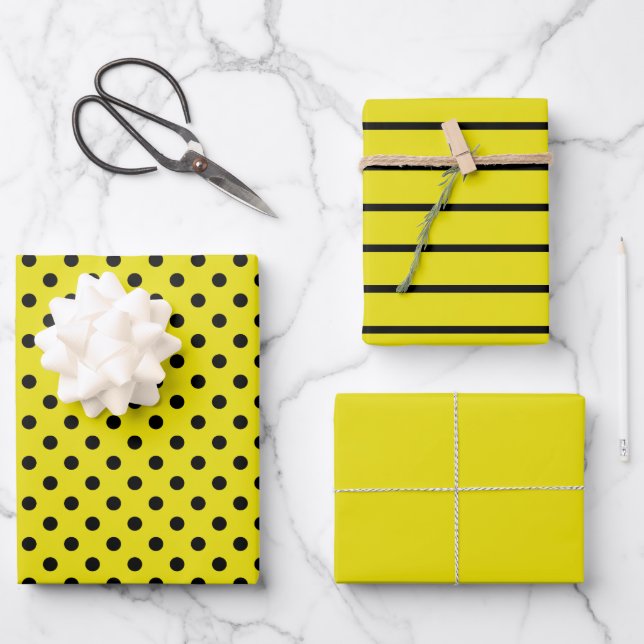 Yellow and Black Polka Dot Stripes Wrapping Paper Sheet (Front)