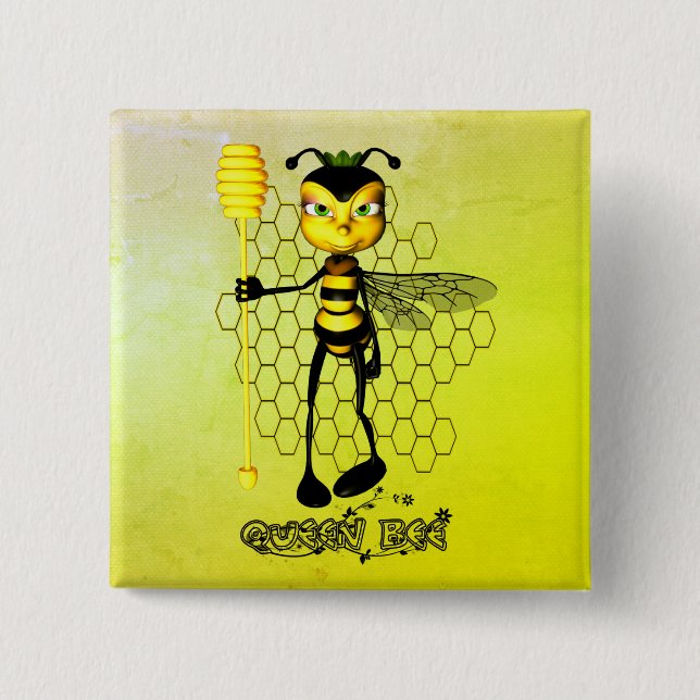 Yellow and black Queen Bee with honeycomb 2 Inch Square Button (Front)