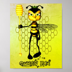 Yellow and black Queen Bee with honeycomb Poster