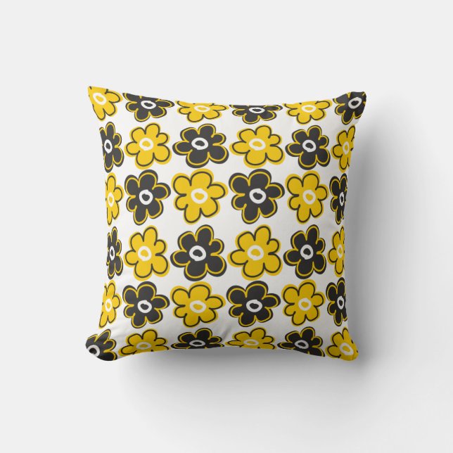Yellow And Black Retro Flowers Pattern Throw Pillow (Front)