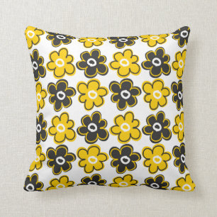 Yellow And Black Retro Flowers Pattern Throw Pillow