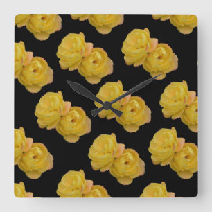 Yellow And Black Rose Pattern, Large Wall Clock. Square Wall Clock