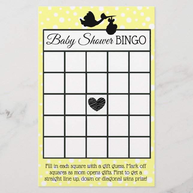 Yellow and Black Stork Polka Dot baby shower games Flyer (Front)