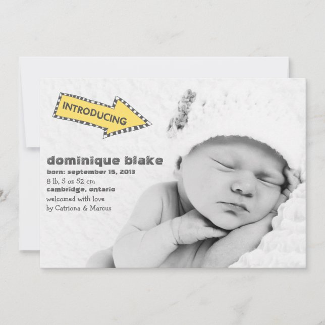 Yellow and Black Stripes Arrow Birth Announcement (Front)