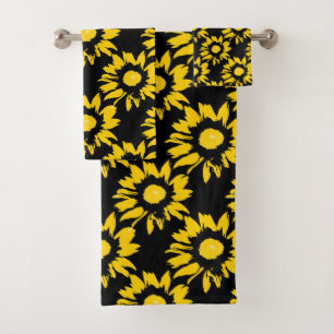 Yellow and Black Sunflower Pattern Bath Towel Set