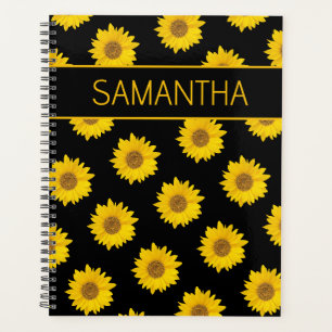 Yellow and Black Sunflower Pattern Custom Name Planner
