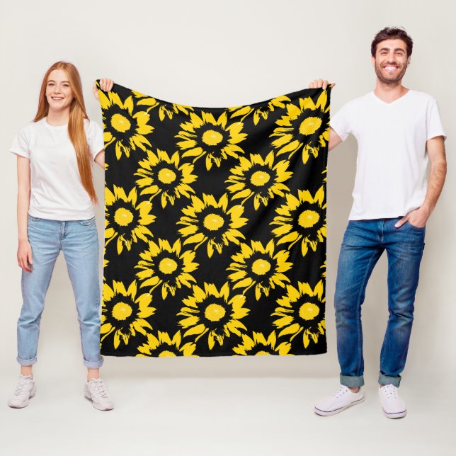 Yellow and Black Sunflower Pattern Fleece Blanket (In Situ)