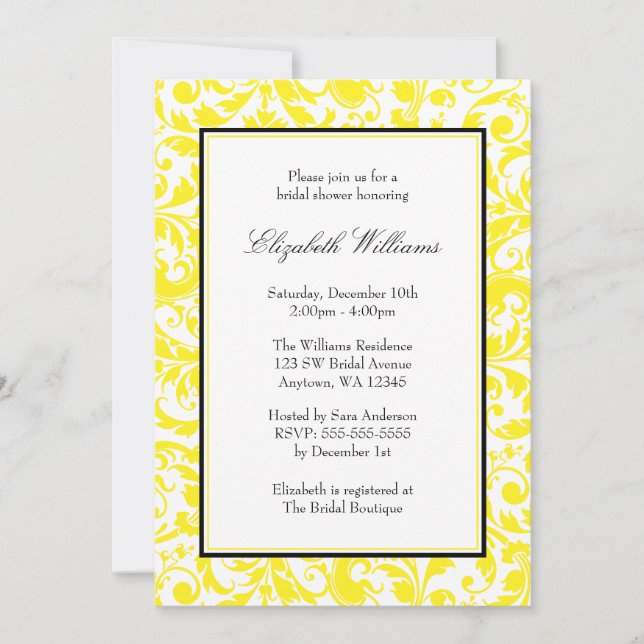 Yellow and Black Swirl Damask Bridal Shower Invitation (Front)