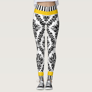 Yellow and black white damask pattern & stripes leggings