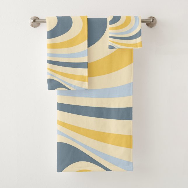 Yellow and blue abstract swirl design bath towel set (Insitu)