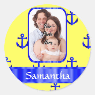 Yellow and blue anchor pattern classic round sticker