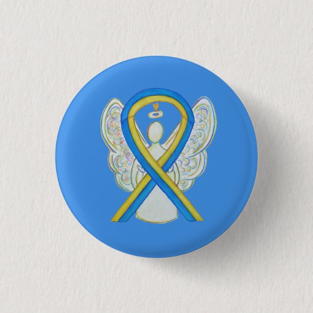 Yellow and Blue Awareness Ribbon Angel Pin Button (Front)