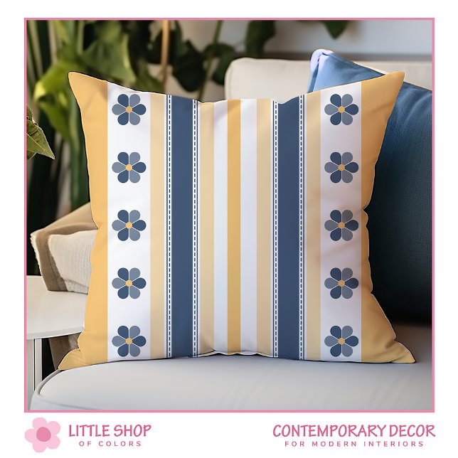 Yellow and Blue Bold Stripes Floral Throw Pillow (Creator Uploaded)