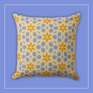 Yellow and Blue Botanical Flowers on Girly Floral Throw Pillow