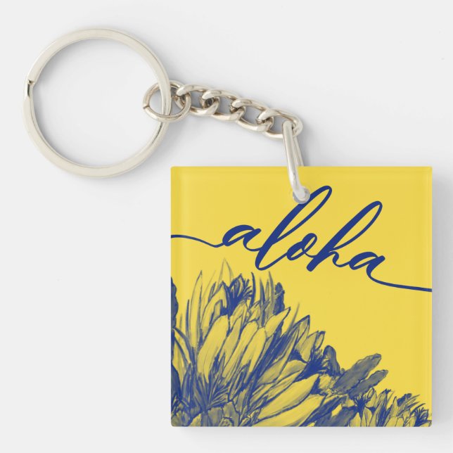 Yellow and Blue Cereus Aloha Square Keychain Mini (Front)