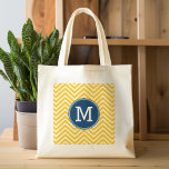 Yellow and Blue Chevron Pattern with Monogram Tote Bag<br><div class="desc">A trendy design with bright colours and a place to add your monograms or other text. If you need to adjust the artwork,  click on the customize button and make changes.</div>