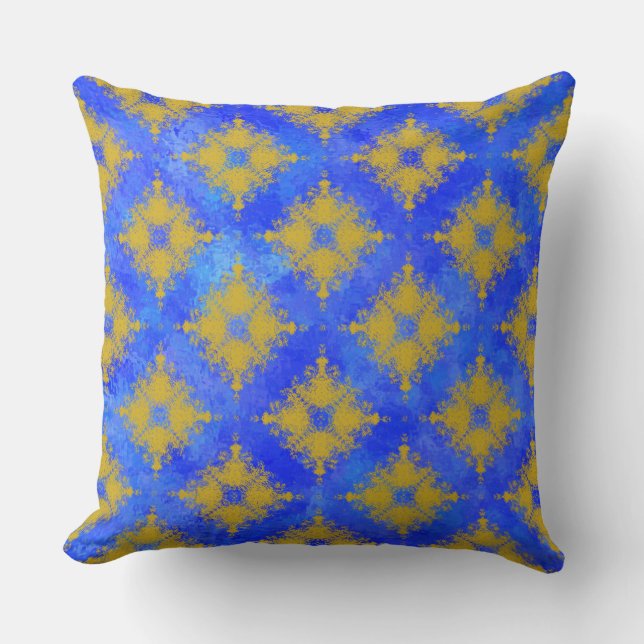 Yellow and Blue Diamond Burst Pattern Throw Pillow (Front)