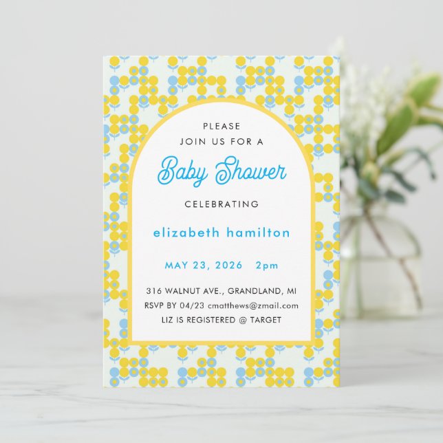 Yellow and Blue Dots Modern Baby Shower Invitation (Standing Front)