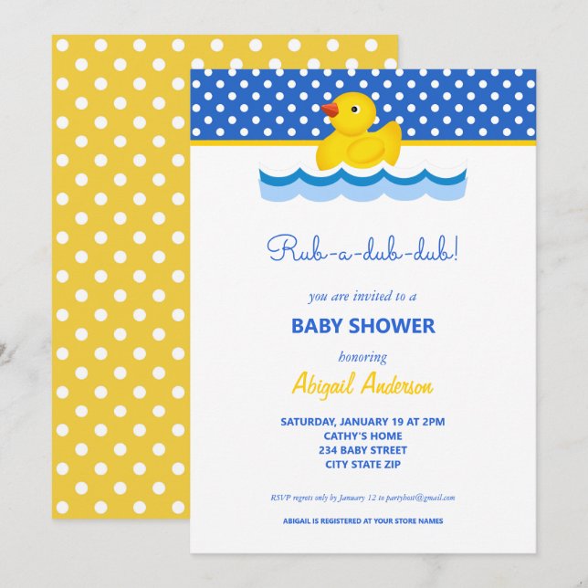 Yellow and Blue Duck Polka Dots Baby Shower Invita Invitation (Front/Back)