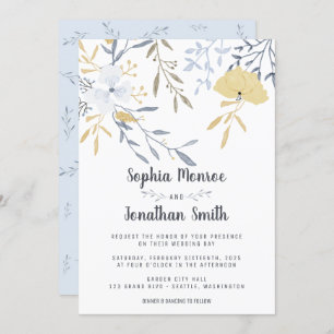 Yellow and Blue Floral Branches Wedding Invitation