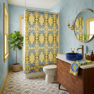 Yellow and Blue Floral Design Shower Curtain